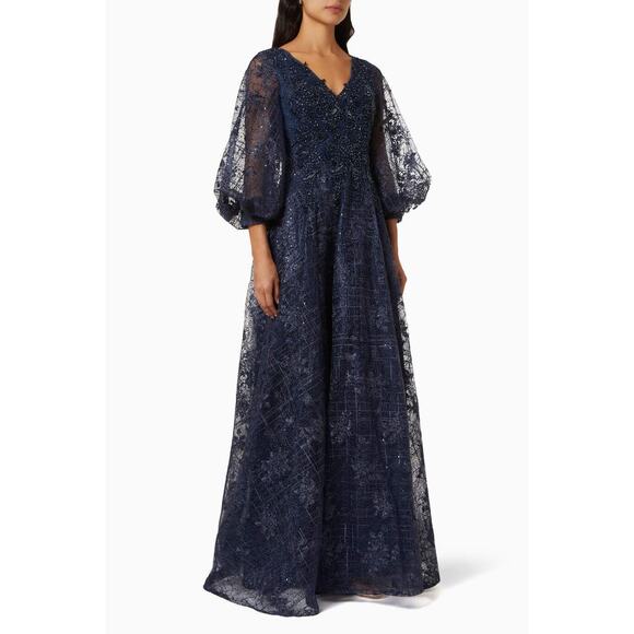 Mac Duggal 20283 Embroidered Embellished Beaded Gown V Neck Puff Sleeve Navy 6